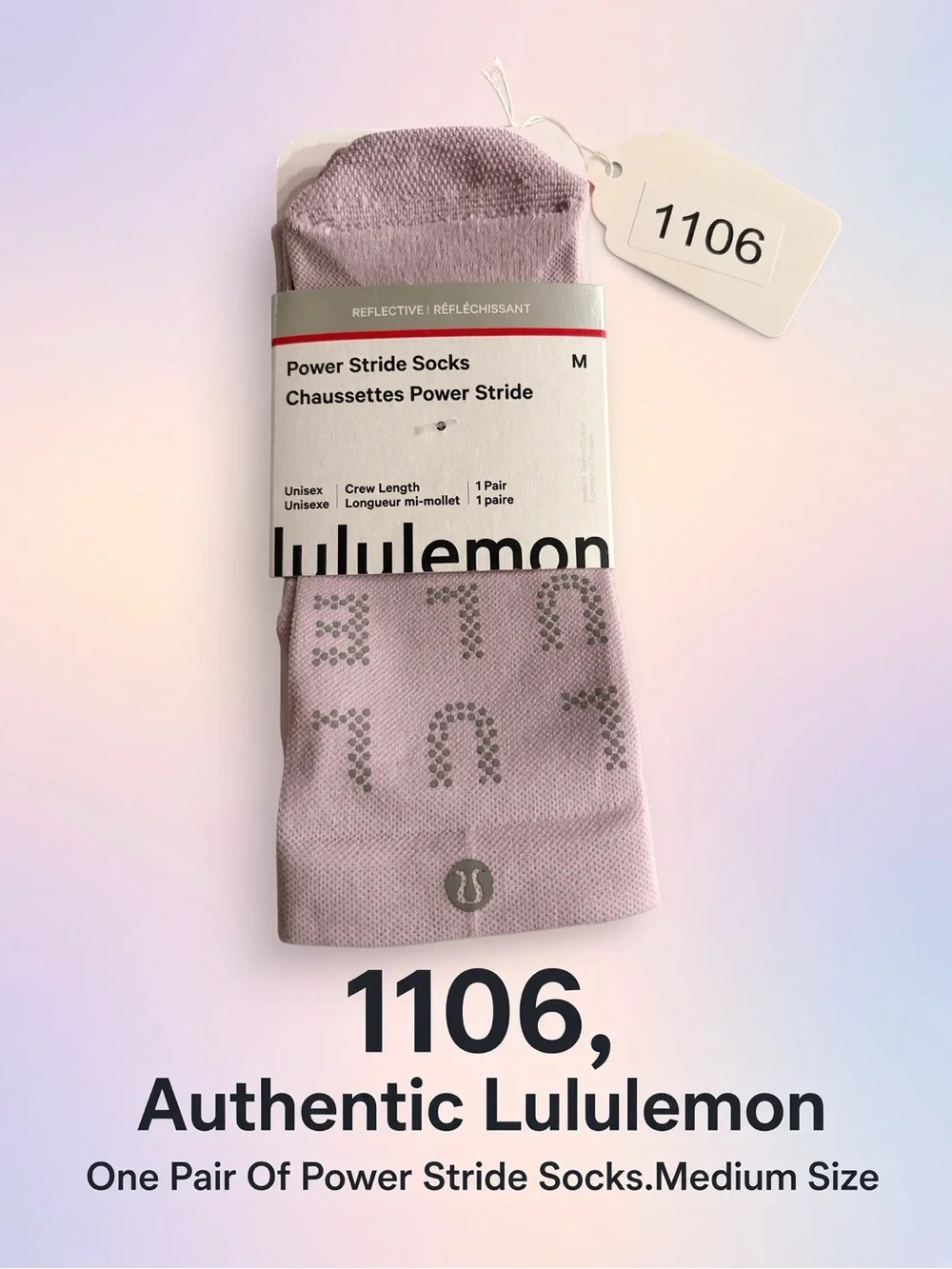 1106, Authentic lululemon Power Stride Crew Socks - Light Lavender. Medium Size